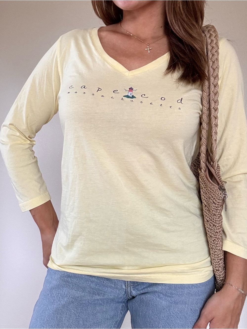 Cape Cod V-Neck Long Sleeve Tee in Pale Yellow - Picture 2 of 4